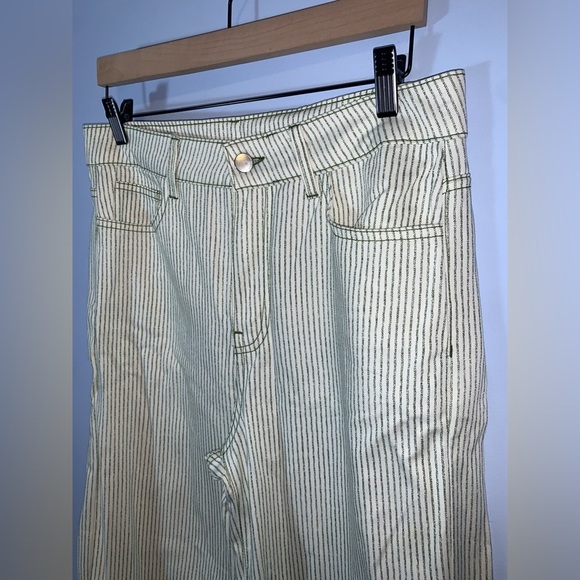 Zara cream and green Pin Striped Wide-Leg high rise 100% cotton jeans Pants 8 - Picture 5 of 10